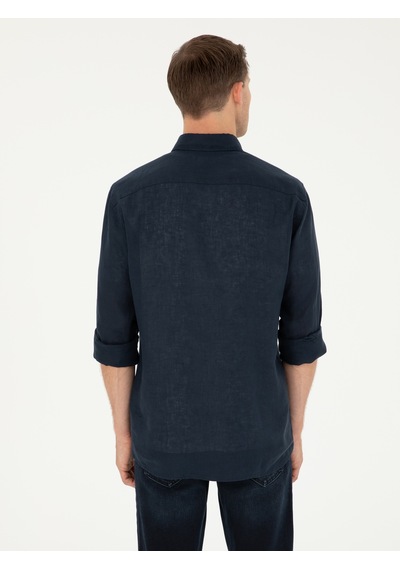 Cacharel Lacivert Regular Fit %100 Keten Gömlek
