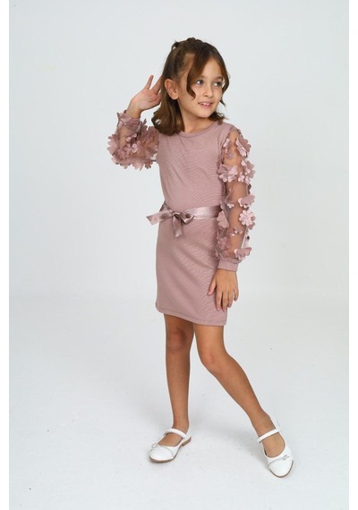 Belden Bağlamalı Tül Detaylı Çocuk Elbise Mykids Collection Pudra