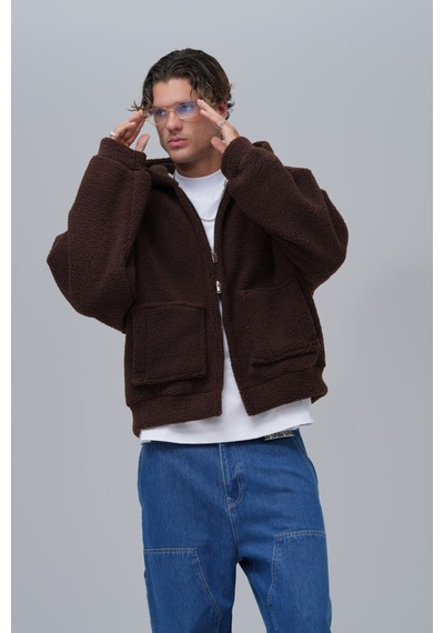Düz Fermuarlı Cepli Kapüşonlu Unisex %100 Pamuk Sweatshirt Kahverengi