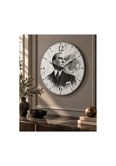 Atatürk Temalı 45 Cm Ahşap Sessiz Akar Mekanizmalı Uv Baskılı Dekoratif Duvar Saati Hediyelik 1093 Çok Renkli