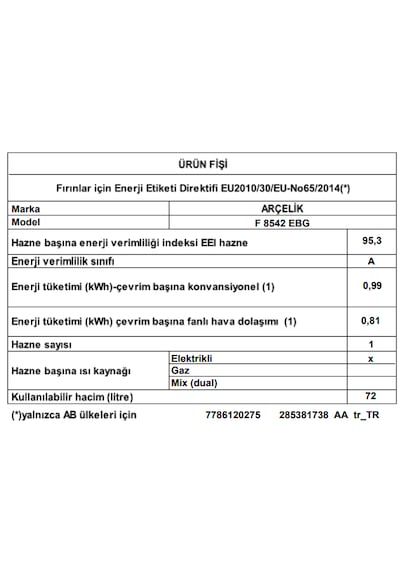 Arçelik F 8542 EBG 72 L Ocaklı Fırın