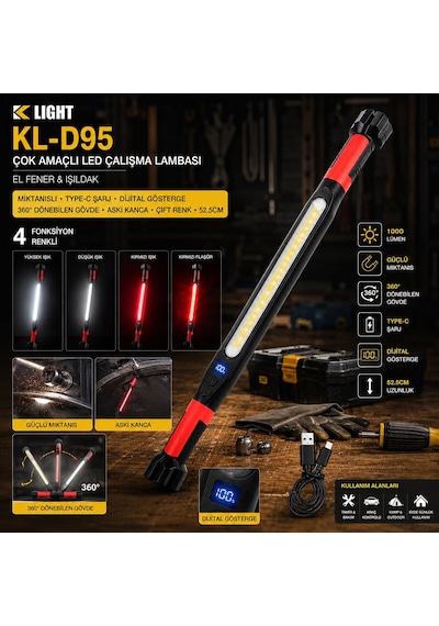 K Light Kl-d95 Çok Amaçlı Led Çalışma Lambası 52.5cm 4 Fonksiyon Renkli 360 Dönebilen Gövde Işıldak Diğer