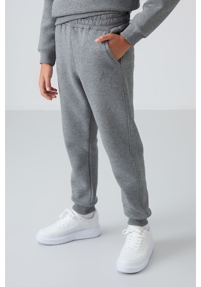 Tommylife Gri Melanj Pamuklu Kalın İçi Tüylü Yumuşak Dokulu Standart Fit Nakışlı Erkek Çocuk Eşofman Takım - Gri Melanj