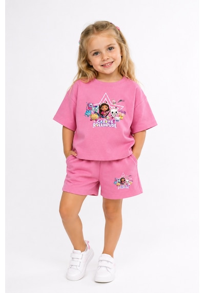 Fasardi Gabby's Dollhouse / Gabby'nin Hayal Evi Baskılı Oversize %100 Pamuk Tişört Şort 2li Çocuk Takım Pembe
