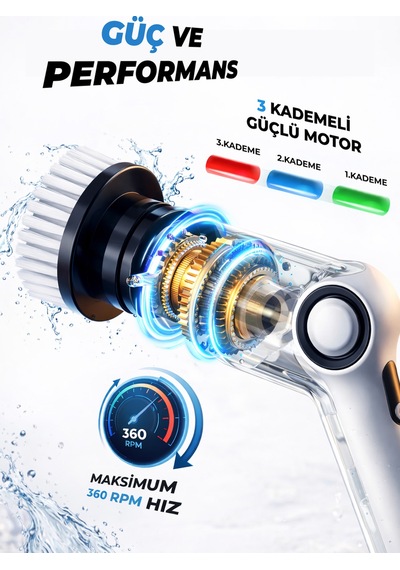 Ef-17 Şarjlı Temizlik Fırçası 3 Kademeli, 7 Başlıklı Fonksiyonel Temizlik Seti