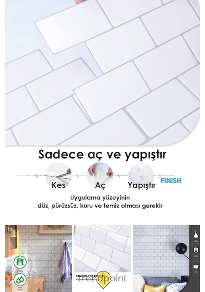 Trendpoint 3d 30 30cm Mutfak Tezgah Arkası Kaplama Kendinden Yapışkanlı Beyaz Seramik Görünüm Banyo