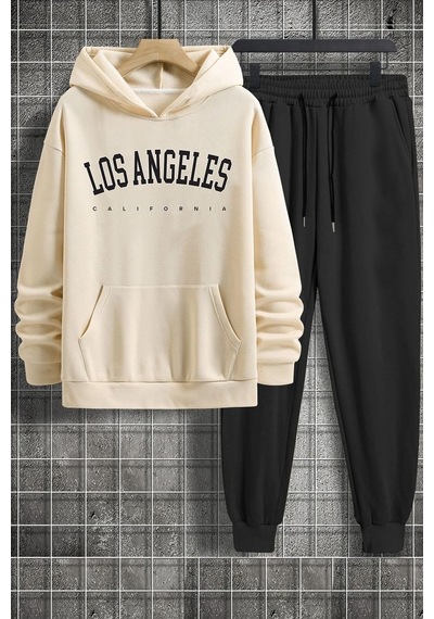Uyguntarz Unisex Los Angles Baskılı Eşofman Takımı Bej