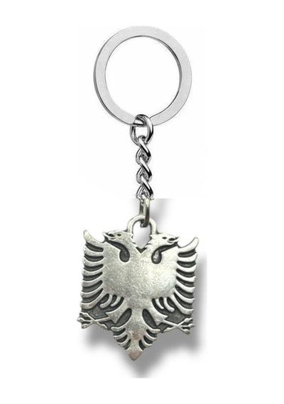 Arnavutluk Çift Başlı Kartal Figürlü Metal Anahtarlık Gümüş Renk Unisex Aksesuar