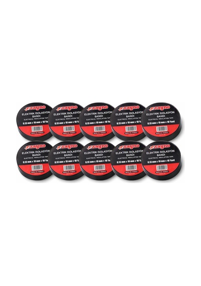 Rayno Elektrik İzolasyon Bandı 10 Lu Set 0.13 Mm X 19 Mm X 10 Yard Siyah Elektrik Bandı Profesyonel Yalıtım Bandı