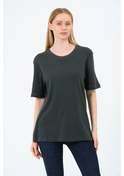 Kadın Bisiklet Yaka Kısa Kollu Basic T-shirt - İnterlok Kumaş Kahverengi