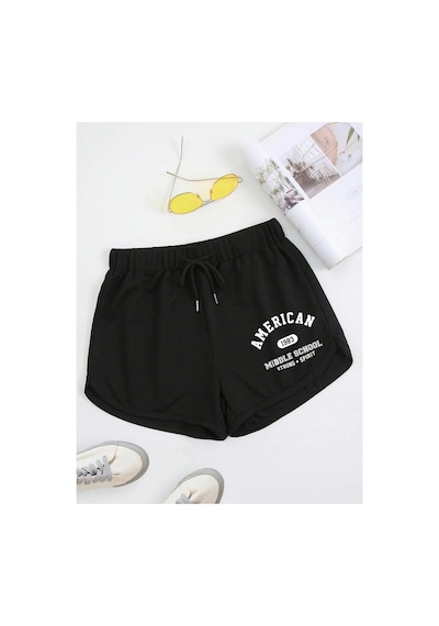 Tarzsokak Letter Graphic Drawstring Waist Track Şort Siyah