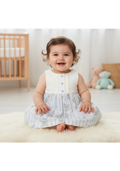 Ürünya Kız Bebek Çocuk Çiçek Desenli Sıfır Kollu Elbise Mavi