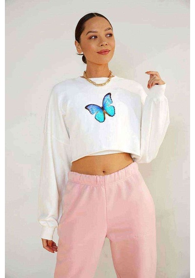 Watercolor Blue Butterfly Kelebek Baskılı Crop Kadın Beyaz Sweat