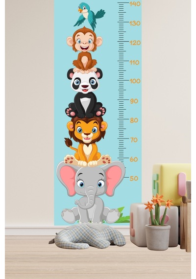 Sevimli Safari Hayvanları Boy Ölçüm Cetveli Boy Ölçer Sticker Turkuaz