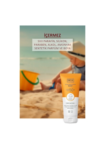 INCIA %100 Doğal Bebek Güneş Kremi Leke Karşıtı Mineral Filtreli Yüksek Koruma SPF 50+ UVA UVB 50 ML