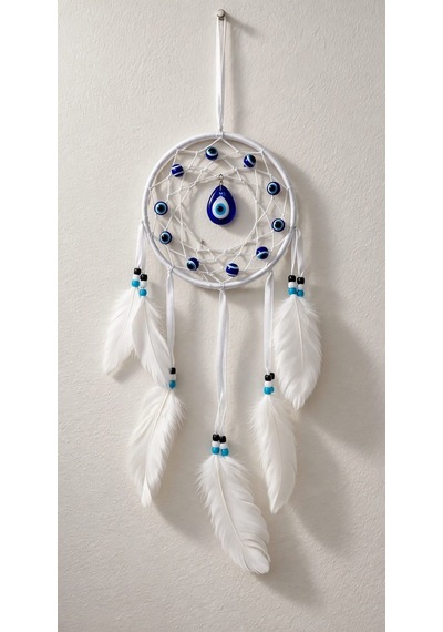 Motifli Düş Kapanı Rüya Kapanı Dream Catcher Beyaz Tüylü Bohem Duvar Süsü Bohem El Yapımı Nazar Boncuklu Düş Kapanı