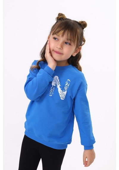 Toontoy Kız Çocuk Relax Fit Bisiklet Yaka Hafif Düşük Omuz Baskılı Sweatshirt - 2 İplik Koyu Mavi