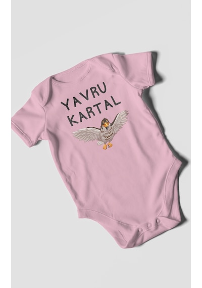 Yavru Kartal Baskılı Bebek Zıbını Çıtçıtlı Body %100 Pamuk Kısa Kol Koyu Pembe