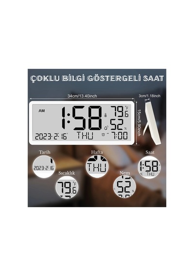 Büyük Lcd Dijital Duvar Masa Saati Sıcaklık Ve Nem Göstergeli Çalar Saat Askılı/masaüstü Dijital Beyaz - 788877415 Beyaz