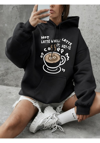 Startmore Startmoresıcak Latte Kedi Baskılı Sweatshirtler Kadınlar İçin Günlük Bol Kapüşonlu Üstler Kışlık Polar Siyah