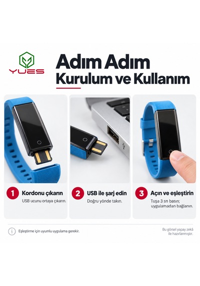 Yues Akıllı Bileklik Nabız Ölçer Adım Sayar Uyku Takipli Mavi