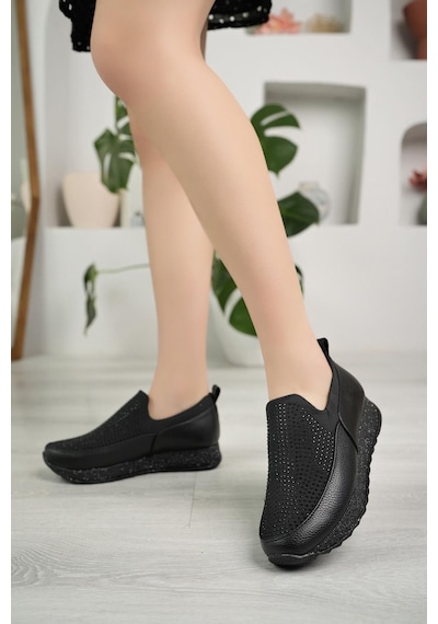 Nesil Shoes Wiss 530 Siyah Strech Taşlı Kadın Ayakkabı-siyah Siyah