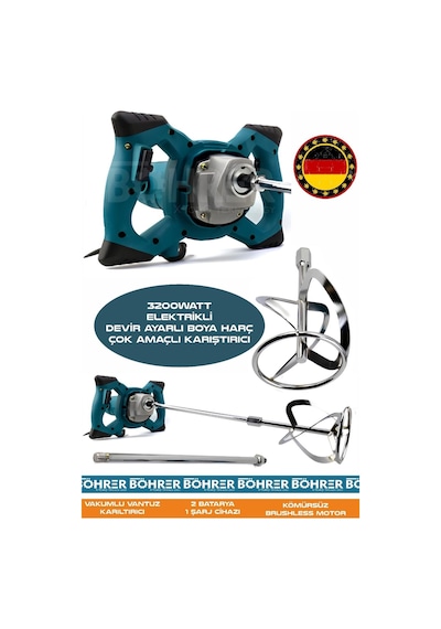 Böhrer Alman HB0403T 3200W Devir Ayarlı Çift Şanzıman Yeni Nesil Elektrikli Boya Harç Çok Amaçlı Mavi Karıştırıcı