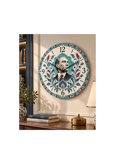 Atatürk Temalı 45 Cm Ahşap Sessiz Akar Mekanizmalı Uv Baskılı Dekoratif Duvar Saati Hediyelik 1097 Çok Renkli
