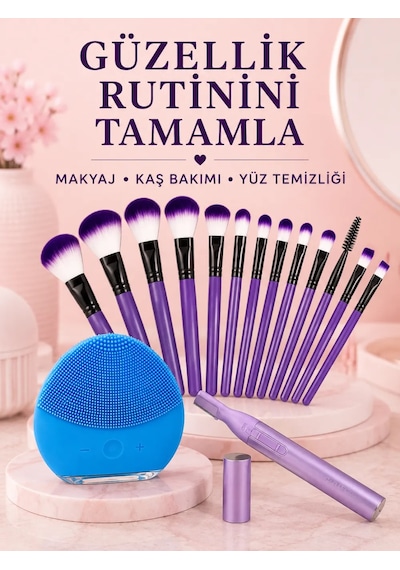 Astraltech Kadın Güzellik Seti 12 Li Mor Makyaj Fırçası Kaş Düzeltici Ve Silikon Yüz