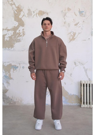 Açık Kahve Cozy Basic Yarım Fermuar Oversize Sweatshirt Açık Kahverengi