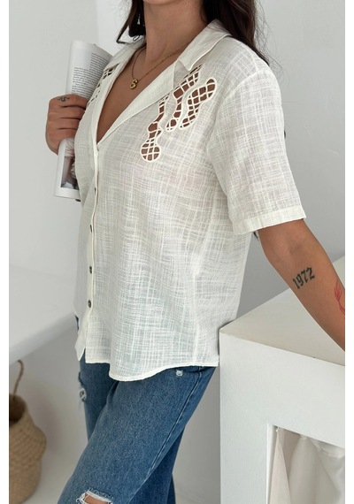 Asprin Fashion Omzu Dantel Detaylı Gömlek Beyaz
