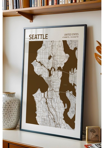 Seattle Abd Haritası Çerçeveli Tablo Lüks Salon Ofis Duvar Dekorasyonu Hediyelik Tablo