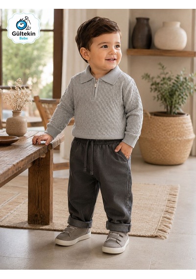 Canöz Bebe Triko Fermuarlı Sweatli Kot Pantolonlu İkili Takım 9-24 Aylık -ay3949573 - Gri