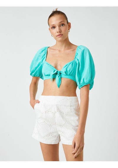 Koton Şahika Ercümen X Koton - Fiyonk Detaylı Crop Bluz Yeşil 2sak30176ew 2SAK30176EW814