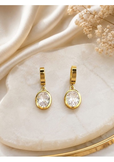 Cm Jewelry Oval Zirkon Taşlı Sallantılı Gold Çelik Küpe Altın