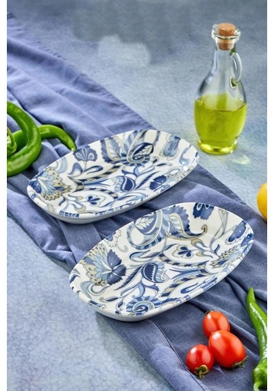 Cooker Ckr4242 Mavi Desenli Beyaz Porselen Kayık Tabak 24.5 Cm 2'li Çok Renkli
