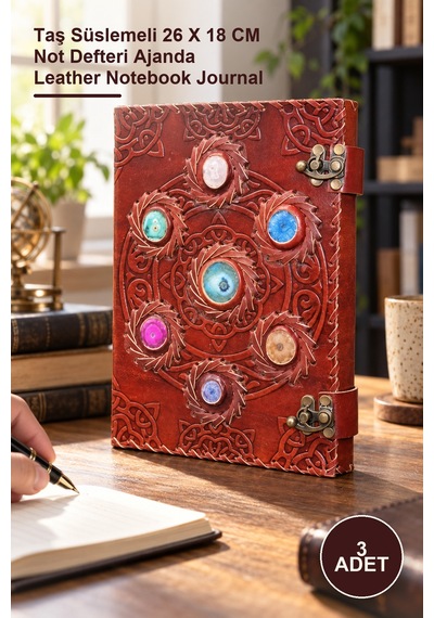 3 Adet Taşlı Deri Defter Taş Süslemeli 26 X 18 Cm Not Defteri Ajanda Leather Notebook Journal Altın