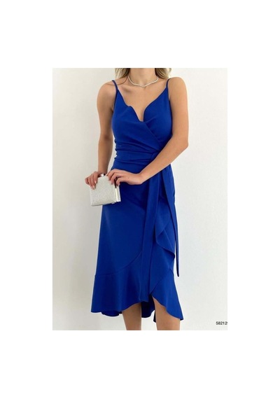 DefyModa Kadın Şık Model V Yaka Kuşaklı Midi Askılı Elbise Saks