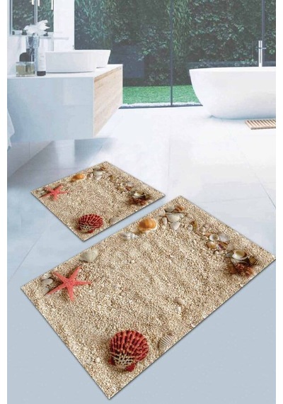 Bej Deniz Kabuklu Banyo Halısı Klozet 2'li Paspas Seti Bs041n11