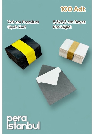 100 Adet Mini Zarf 70mmx90mm Siyah Zarf Hediye Doğum Günü Dilekleri Zarfı Beyaz Not Kartlı