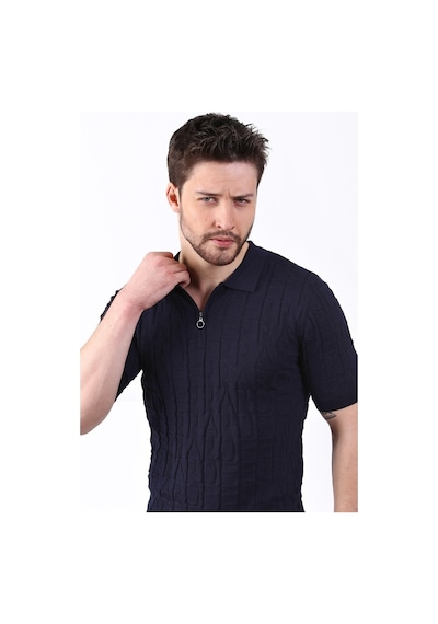 Ferraro Lacivert Polo Yaka Fermuarlı Erkek Pamuk Triko T-Shirt-Lacivert (490417803) Lacivert