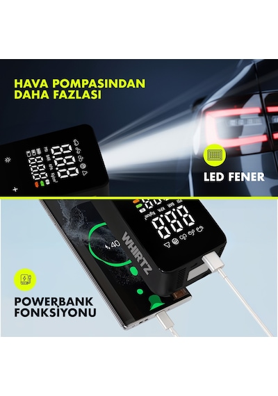 Whirtz 150 Psı Taşınabilir Şarjlı Hava Pompası – Dijital Ekranlı, Led Işıklı, Powerbank