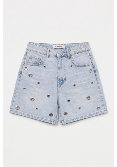 Itsbasic Kadın Kot Rengi 4s6-3 Relax Mom Kuş Gözü Detaylı Tasarım Denim Şort