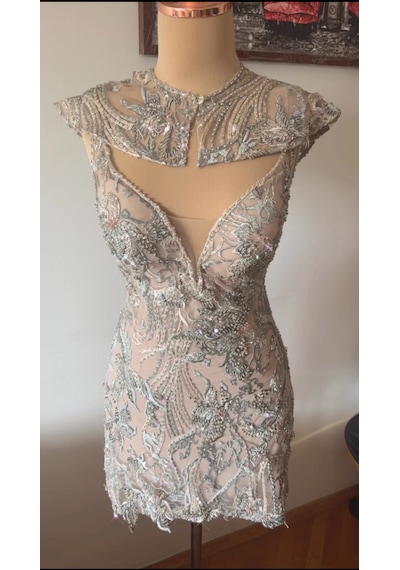 Chica Rosa Fashion Pelerinli Kristal İşlemeli Askılı Mini Elbise Gri - Mavi
