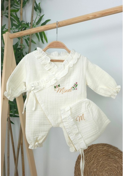 Gros Shop Müslin Yeni Doğan 4katlı Organik %100pamuk Kişiye Özgü Nakışlı Hastane Çıkış Seti Güllü Model-4 Ekru-3