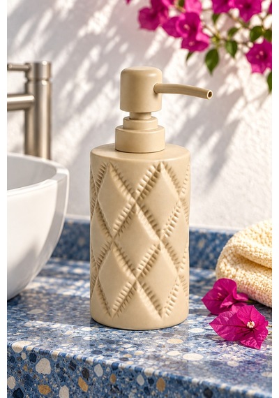 Rosıe Mat Kum Beji Renk Baklava Dokulu Yuvarlak Seramik Sıvı Sabunluk 350 Ml Karışık