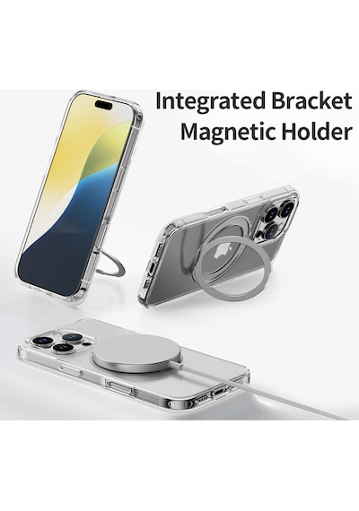 Rock Apple Uyumlu iPhone 16 Pro Crystal Rotating Magsafe Stantlı Kılıf Şeffaf Şeffaf
