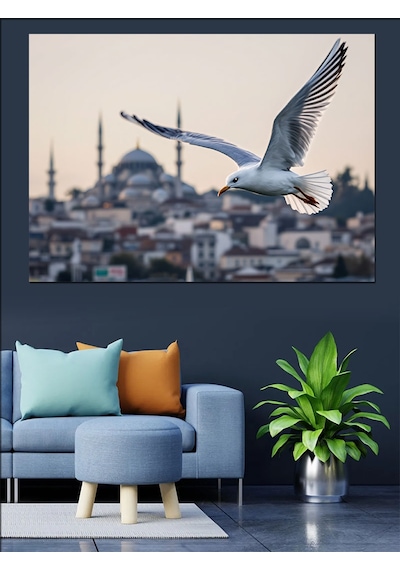 Uçan Martı Ve İstanbul Silueti Dekoratif Kanvas - Mdf Ahşap Tablo