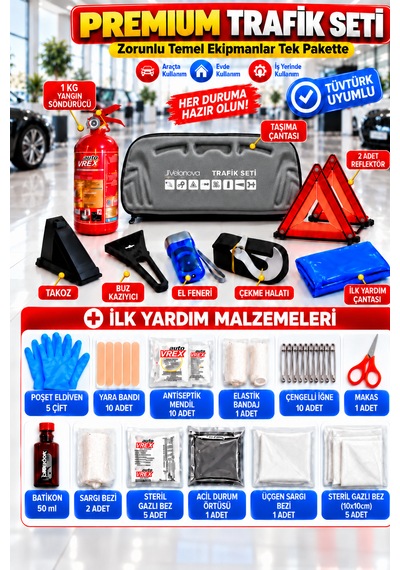 Trafik Ve İlk Yardım Seti Tüvtürk Muayene Uyumlu Ce Belgeli Abc 1kg Yangın Söndürücü Ve E Belgeli Reflektör-gri