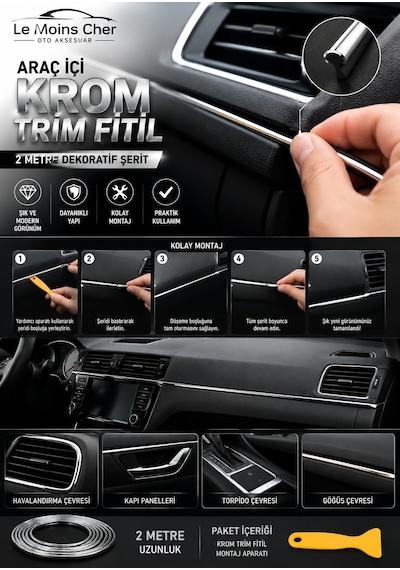 Tesla Model 3 Long Range Araç İçi Krom Trim Fitil 2 Metre Nikelaj Dekoratif Şerit